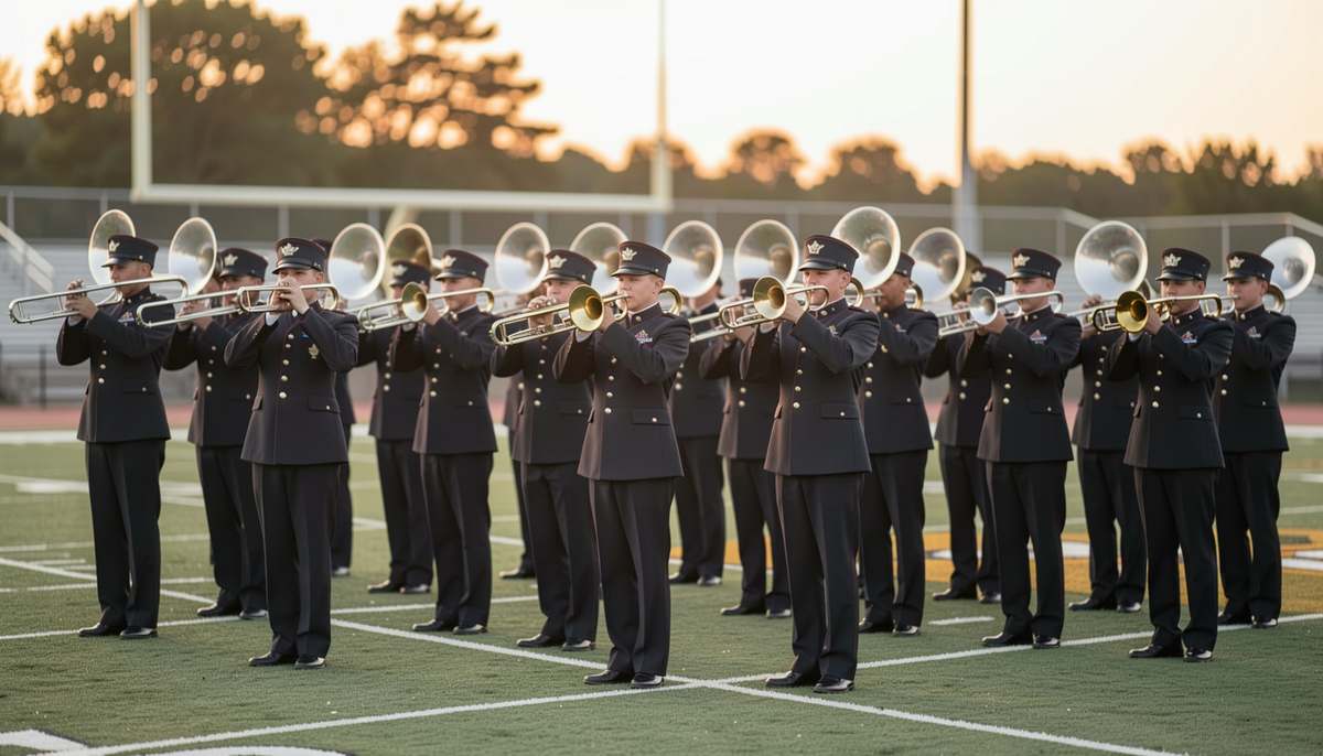 Detail the marching and concert year from August to May with fees, instruments, travel and rehearsal load.